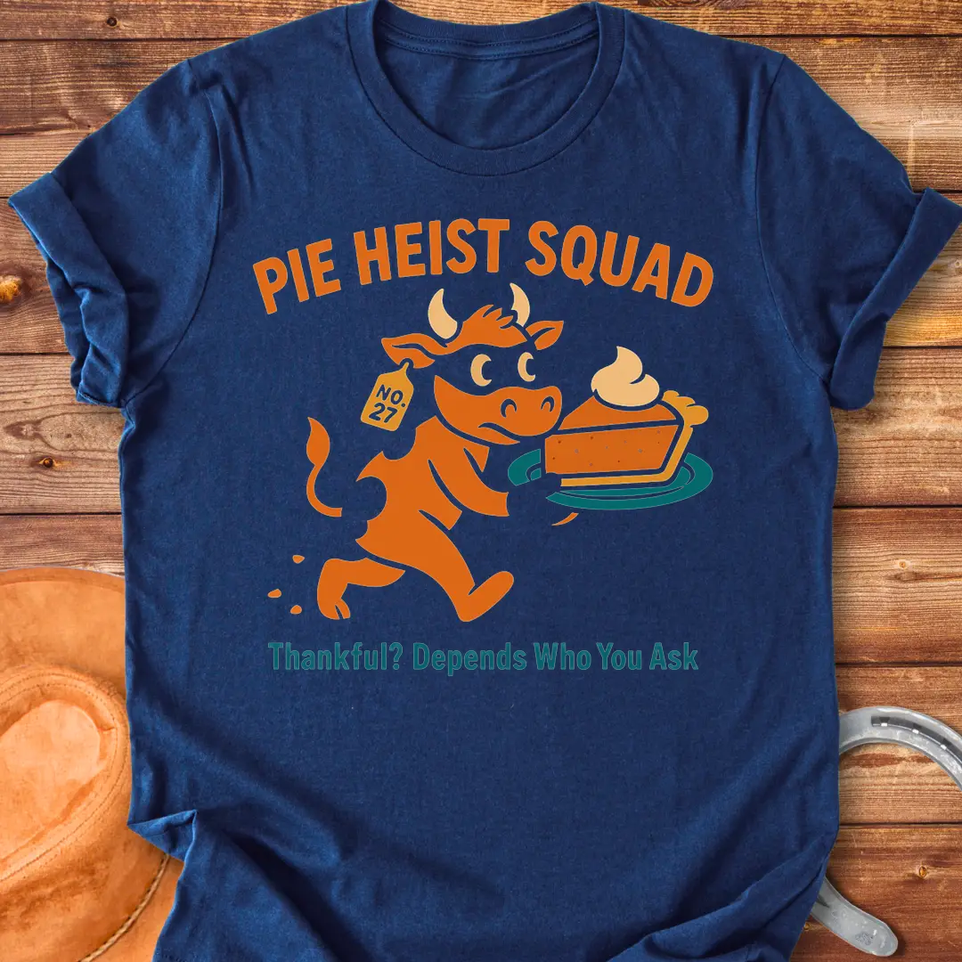 Illustration of a cow wearing a mask running with a stolen pie on a plate, the words Pie Heist Squad above it.