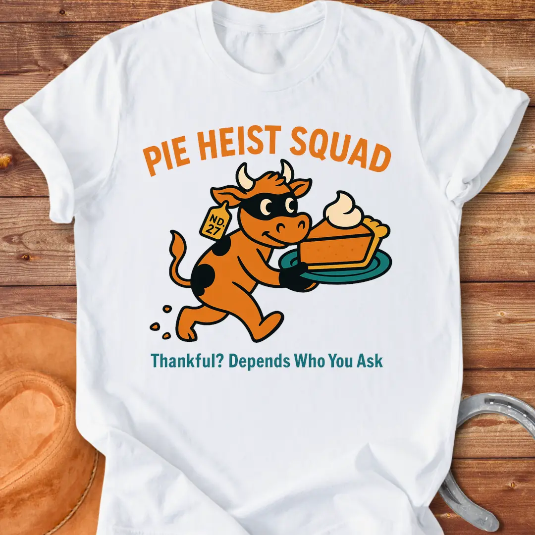 Illustration of a cow wearing a mask running with a stolen pie on a plate, the words Pie Heist Squad above it.