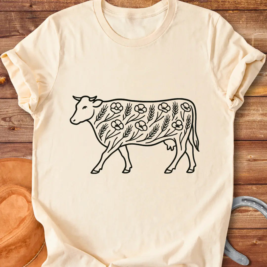 Line art illustration of a cow adorned with poppies and wheat stalks, representing a countryside theme.