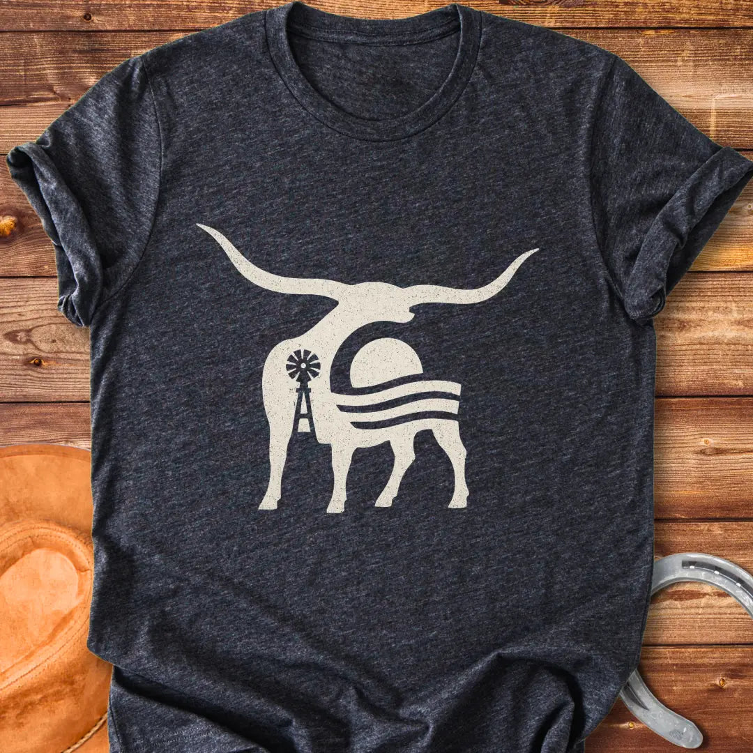 Abstract illustration of a longhorn cow silhouette with a sunset and windmill in a prairie setting.
