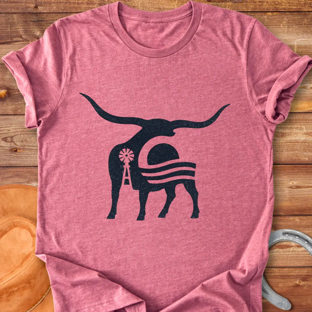 Abstract illustration of a longhorn cow silhouette with a sunset and windmill in a prairie setting.