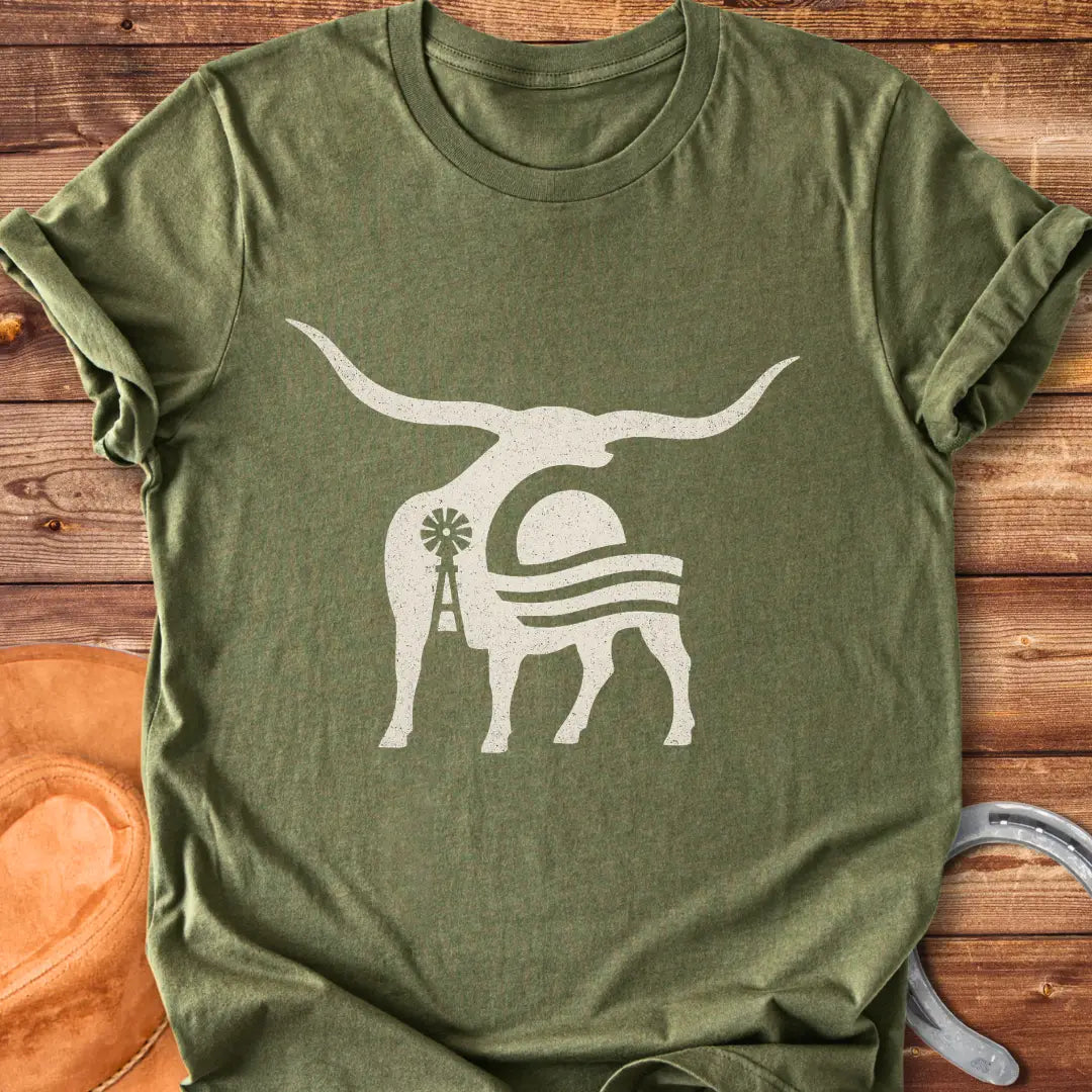 Abstract illustration of a longhorn cow silhouette with a sunset and windmill in a prairie setting.