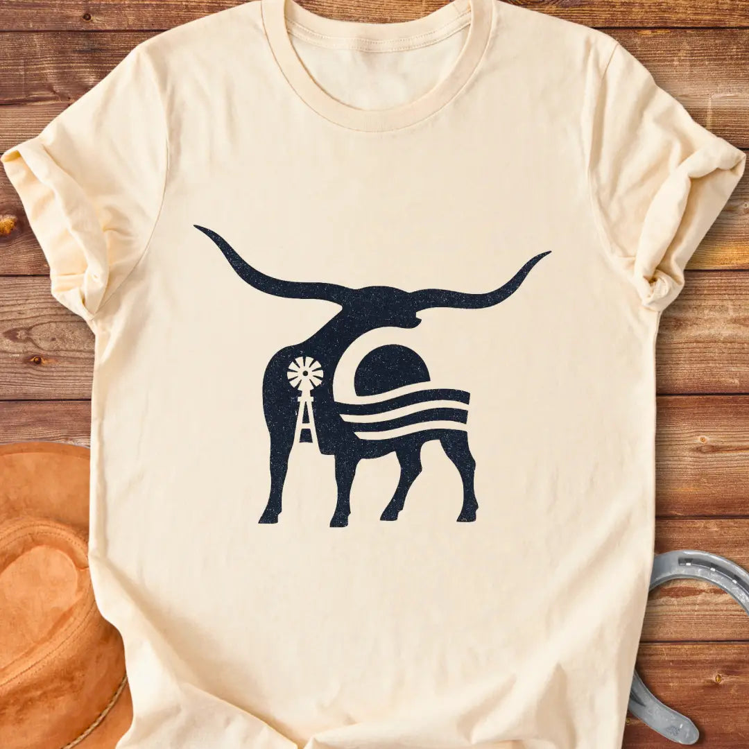 Abstract illustration of a longhorn cow silhouette with a sunset and windmill in a prairie setting.