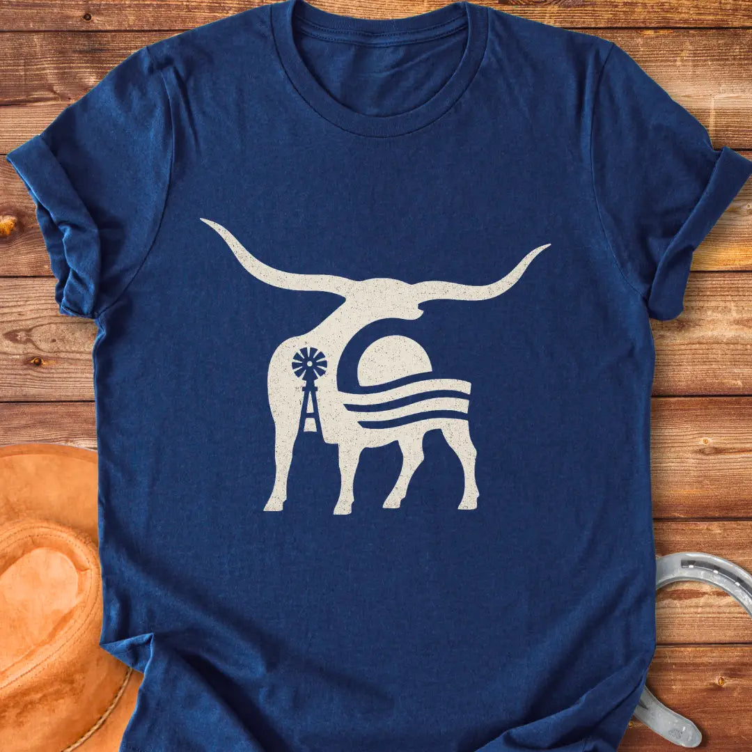 Abstract illustration of a longhorn cow silhouette with a sunset and windmill in a prairie setting.