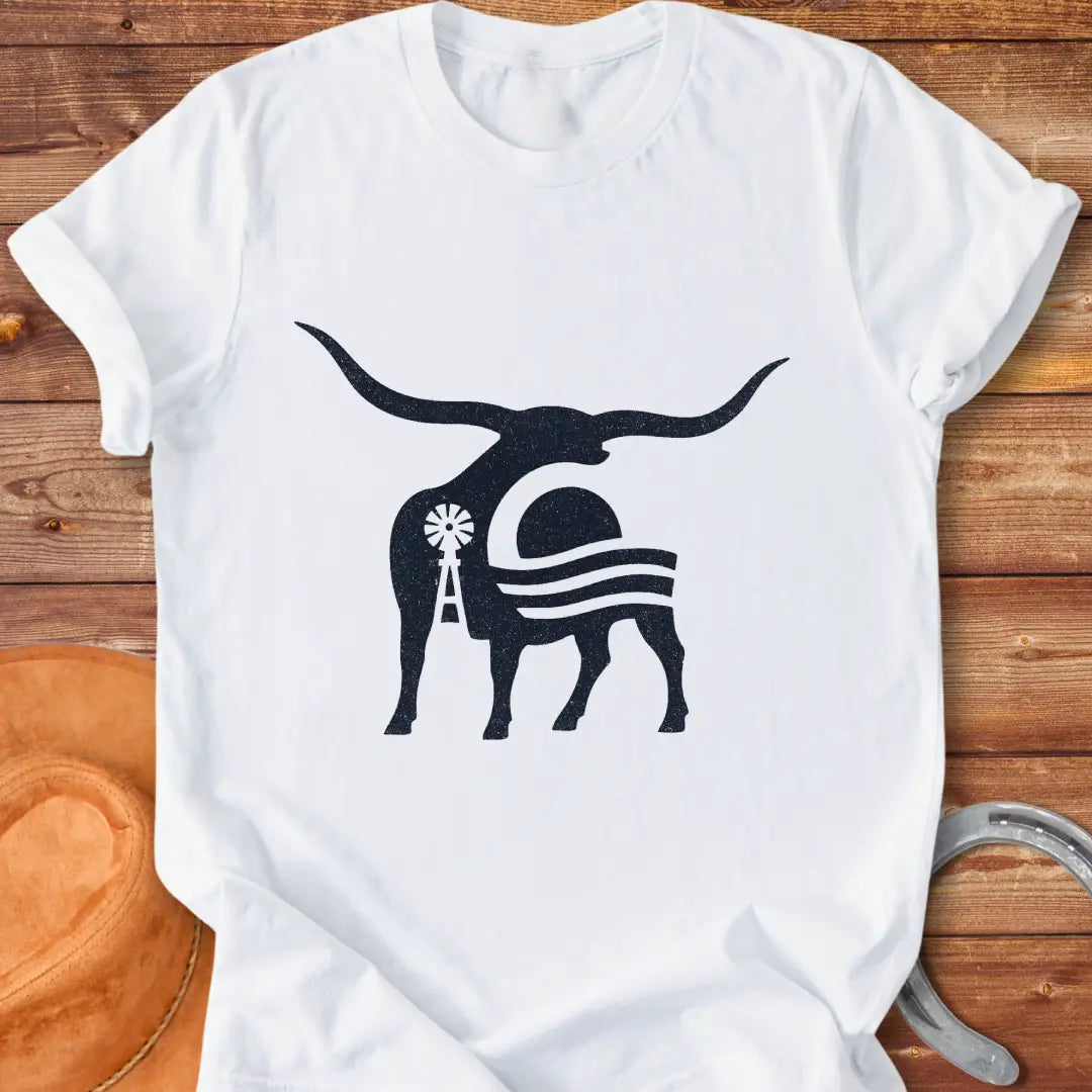 Abstract illustration of a longhorn cow silhouette with a sunset and windmill in a prairie setting.