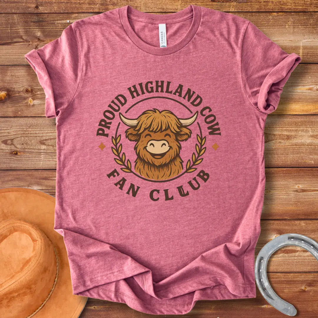 Smiling Highland Cow Fan Club T-Shirt design in a circle with olive branches