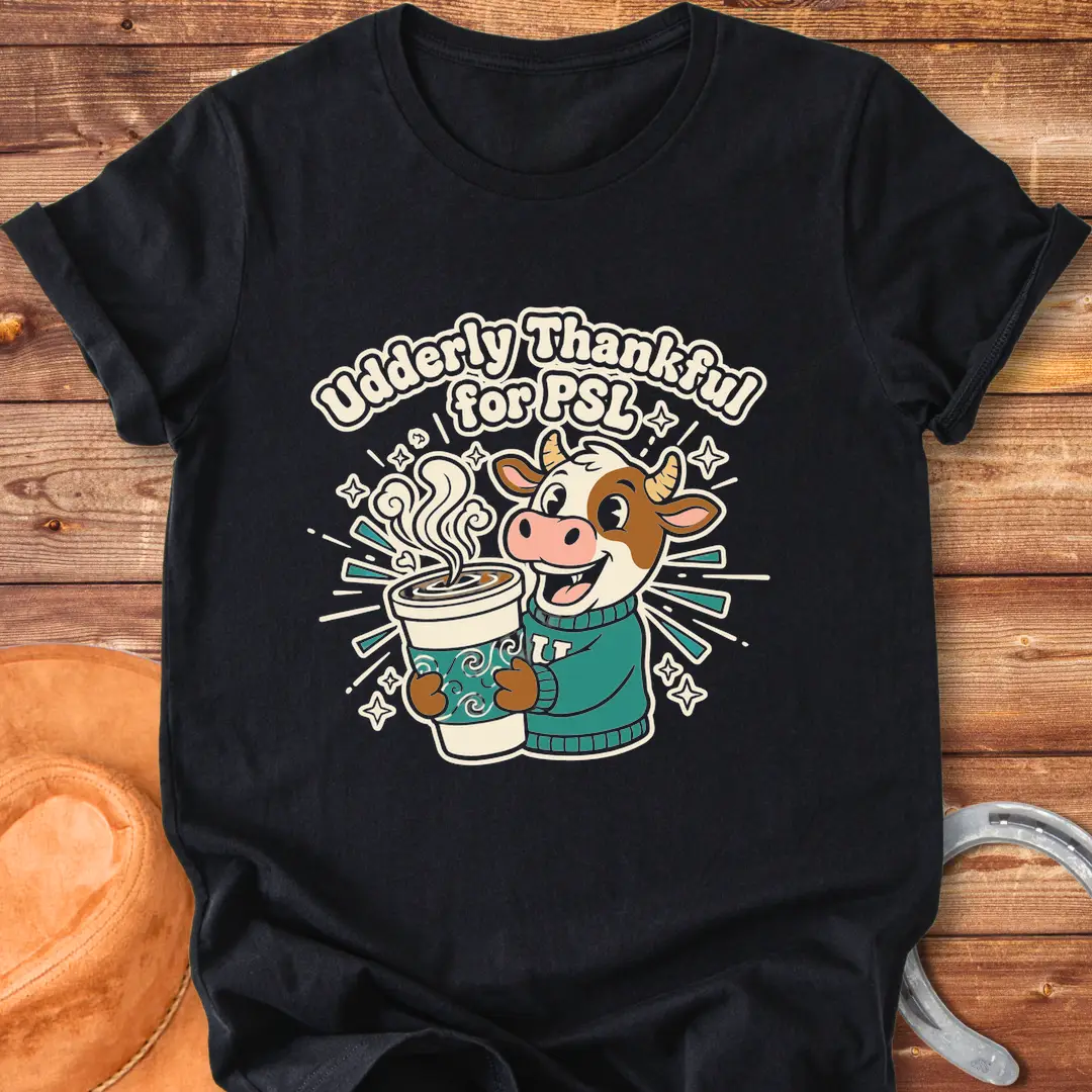 Cartoon cow holding a PSL cup, text reads 'Udderly Thankful for PSL', Cow Lovers Clothing t-shirt design