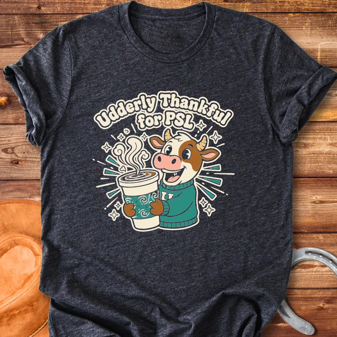 Cartoon cow holding a PSL cup, text reads 'Udderly Thankful for PSL', Cow Lovers Clothing t-shirt design