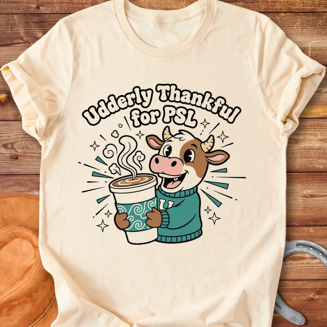 Cartoon cow holding a PSL cup, text reads 'Udderly Thankful for PSL', Cow Lovers Clothing t-shirt design