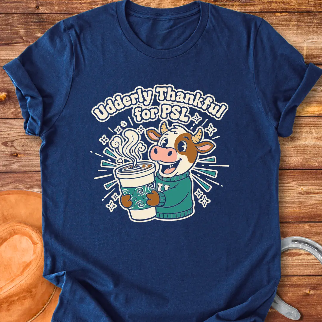 Cartoon cow holding a PSL cup, text reads 'Udderly Thankful for PSL', Cow Lovers Clothing t-shirt design