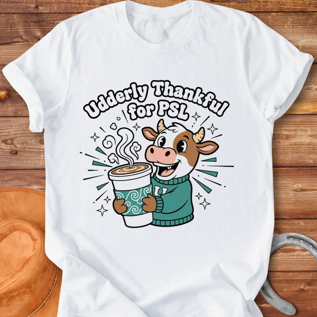 Cartoon cow holding a PSL cup, text reads 'Udderly Thankful for PSL', Cow Lovers Clothing t-shirt design