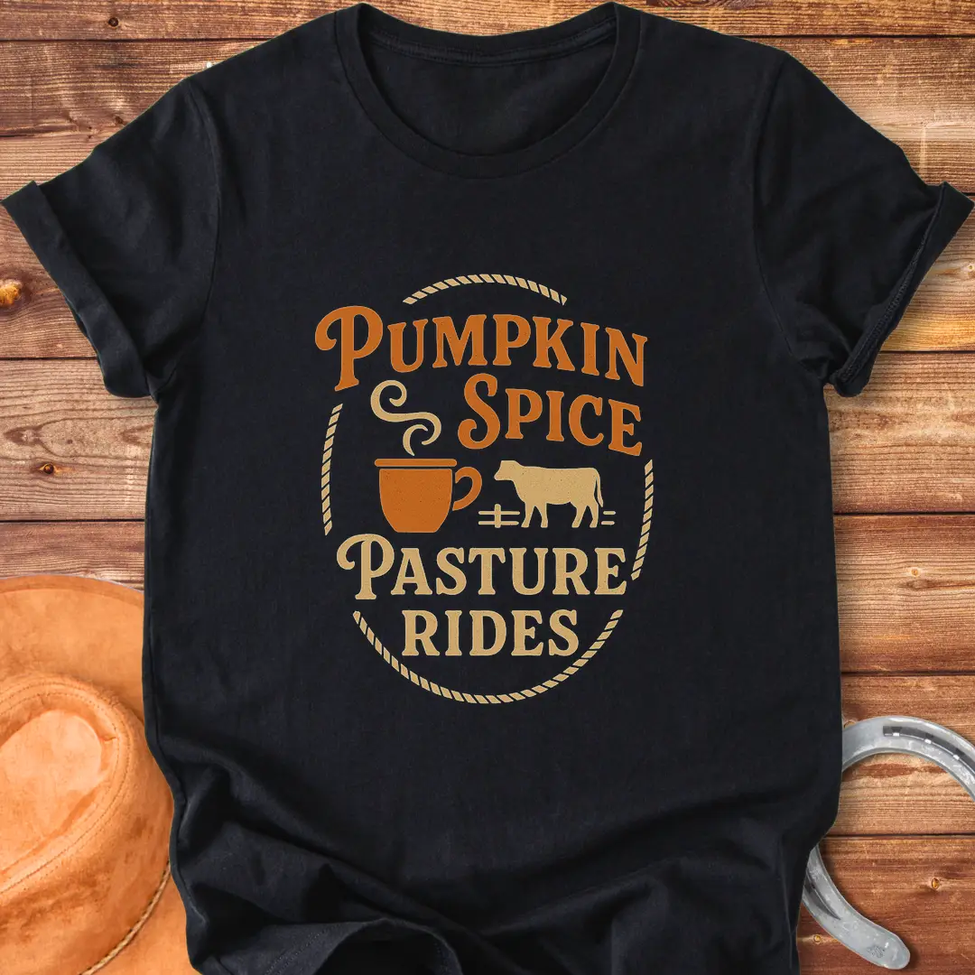 Pumpkin Spice Pasture Rides T-Shirt featuring a cow and a coffee cup illustration. Perfect for fall and cow lovers.