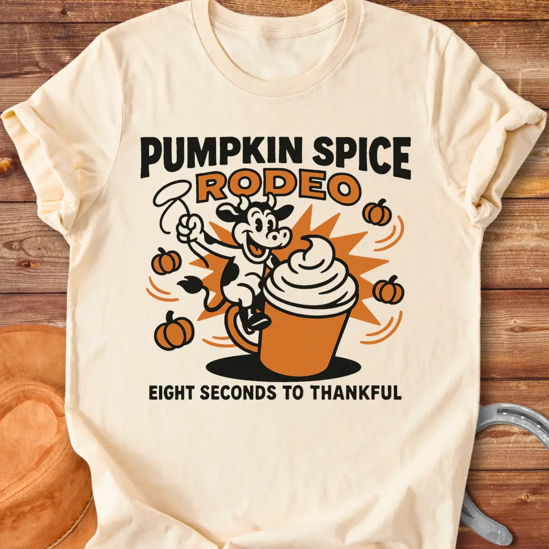 Pumpkin Spice Rodeo T-Shirt featuring a cow riding a pumpkin spice latte, with pumpkins in the background.