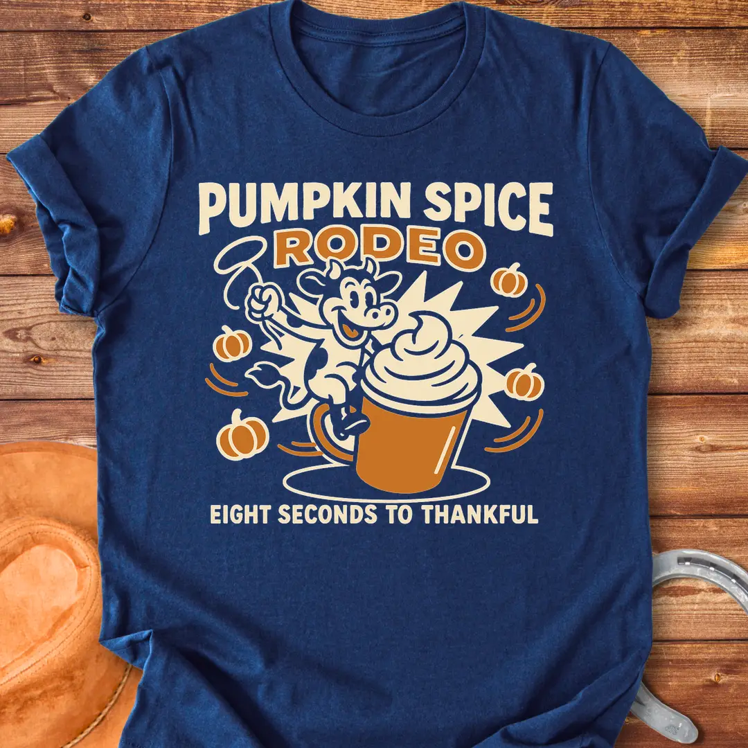 Pumpkin Spice Rodeo T-Shirt featuring a cow riding a pumpkin spice latte, with pumpkins in the background.