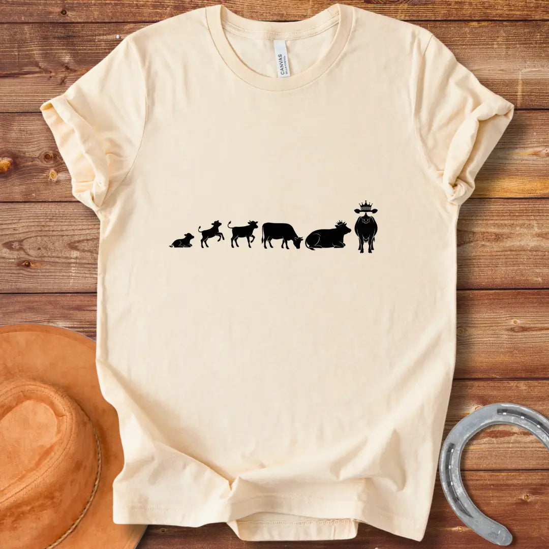 Evolution of a cow t-shirt design, featuring the stages of a cow's evolution.