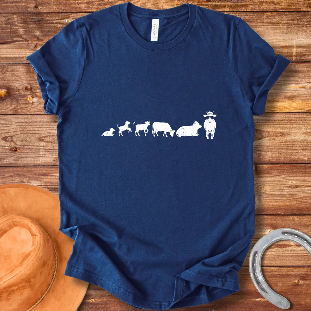 Evolution of a cow t-shirt design, featuring the stages of a cow's evolution.