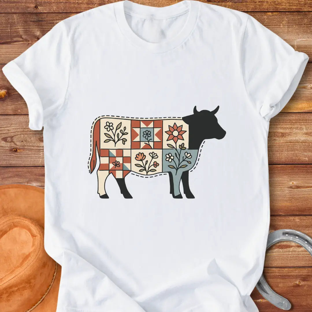 Quilt Blooms T-Shirt featuring a cow silhouette with a patchwork quilt pattern and floral details.