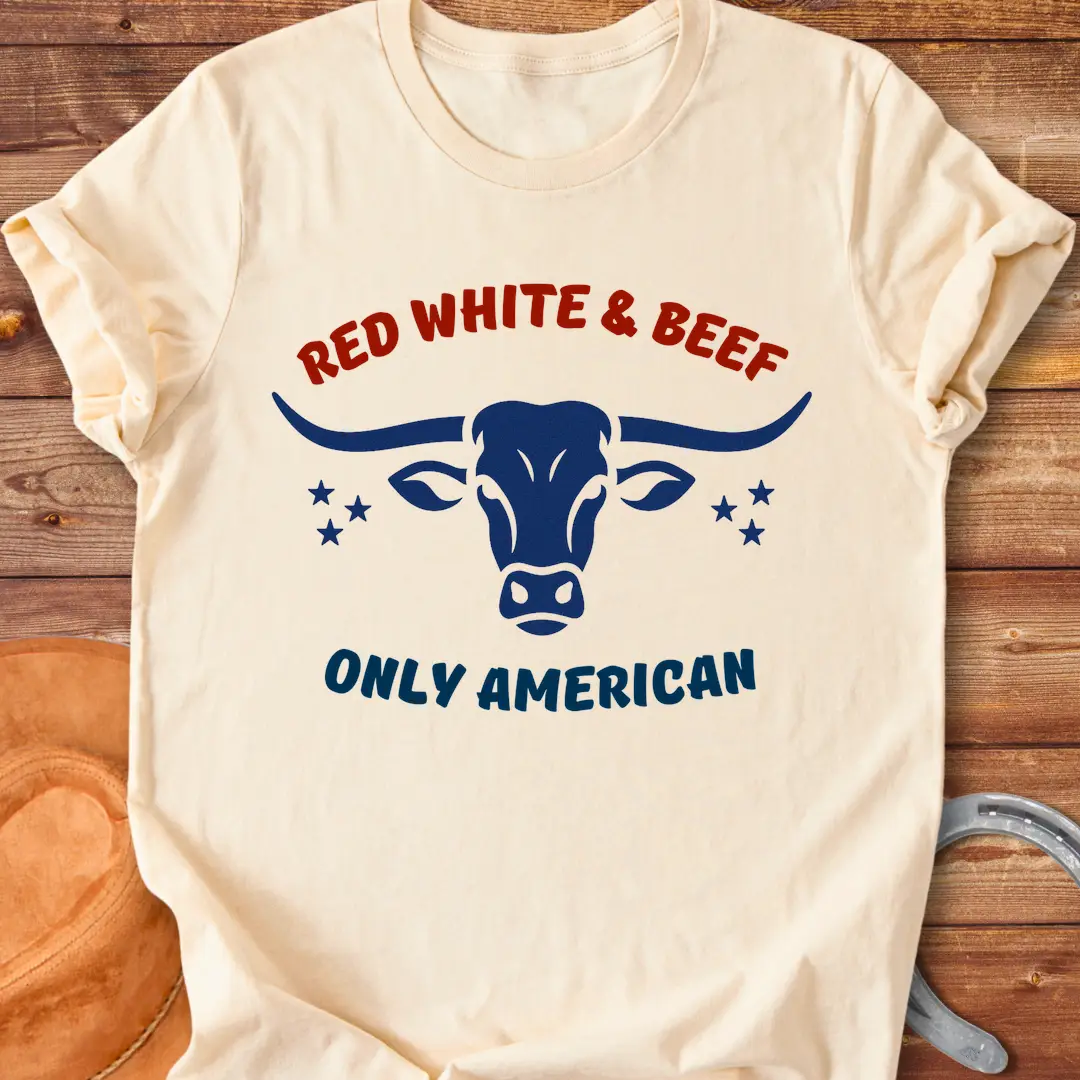 Red White & Beef t-shirt featuring a blue bull head and patriotic stars with the phrase "Only American."