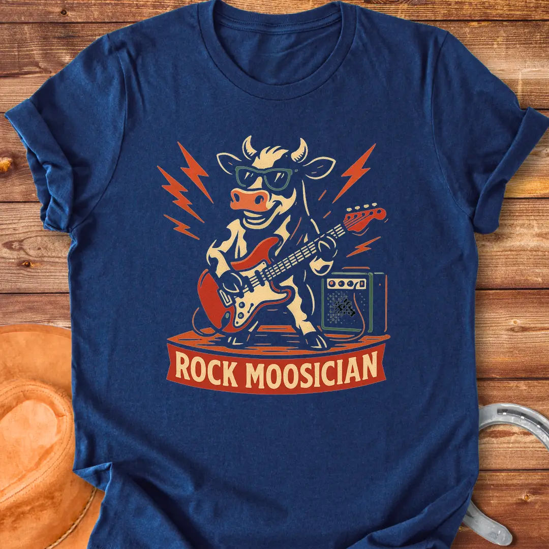 Rock Moosician T-Shirt featuring a cool cow playing electric guitar with lightning bolts in the background