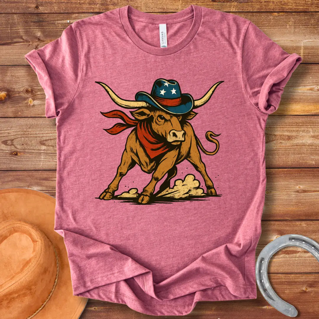 Illustration of a longhorn wearing a cowboy hat and red scarf, ready to buck