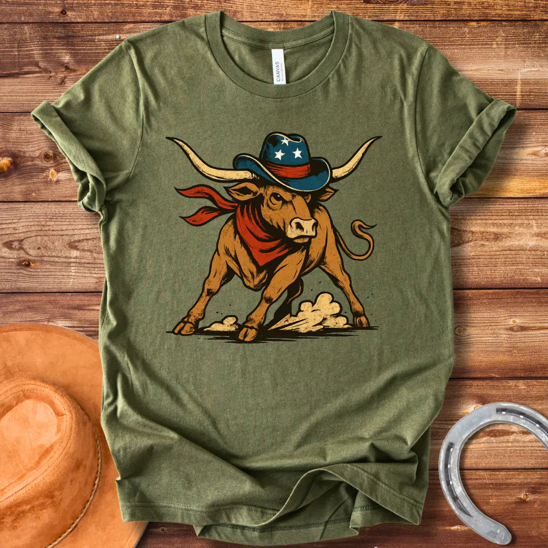 Illustration of a longhorn wearing a cowboy hat and red scarf, ready to buck