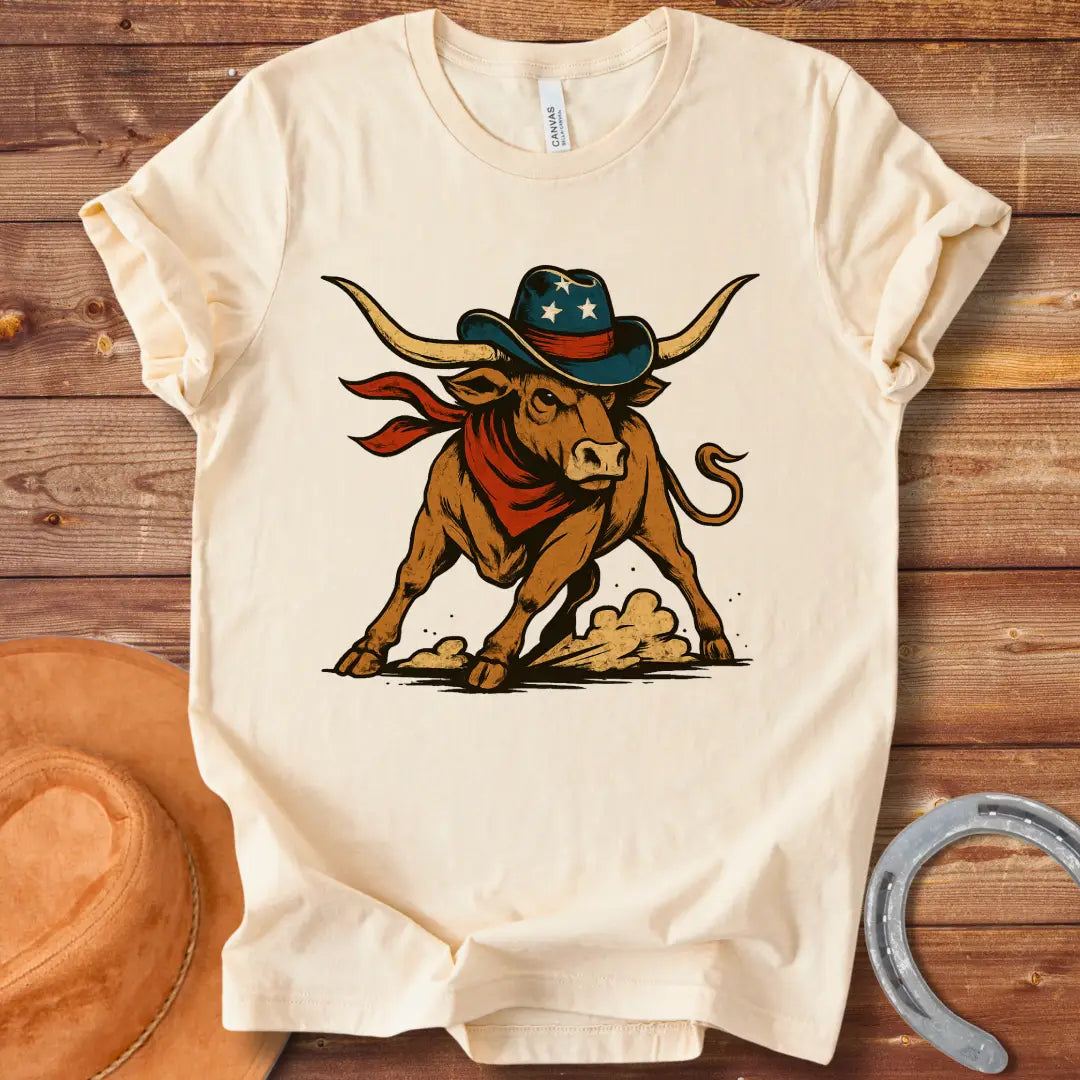 Illustration of a longhorn wearing a cowboy hat and red scarf, ready to buck