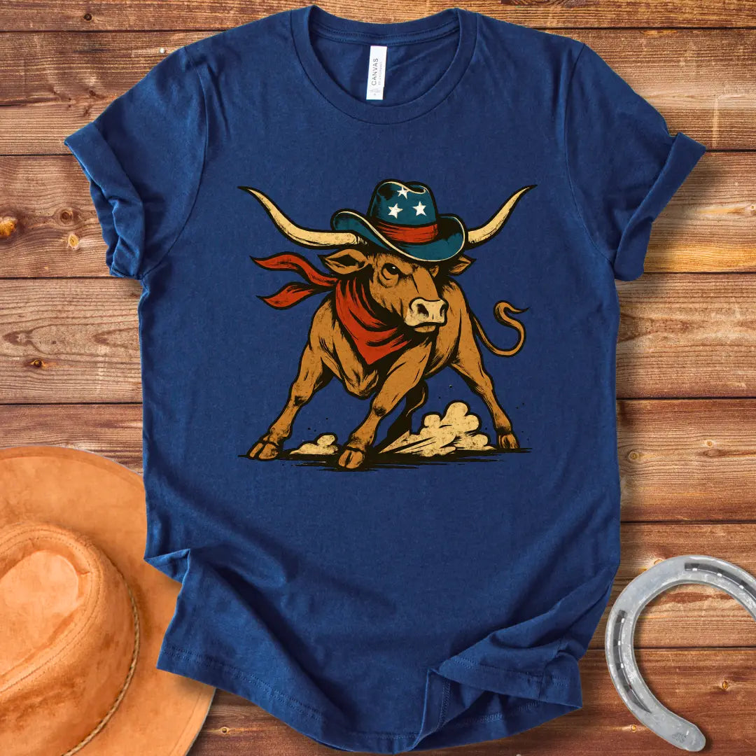 Illustration of a longhorn wearing a cowboy hat and red scarf, ready to buck