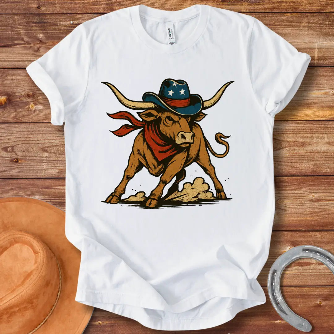Illustration of a longhorn wearing a cowboy hat and red scarf, ready to buck