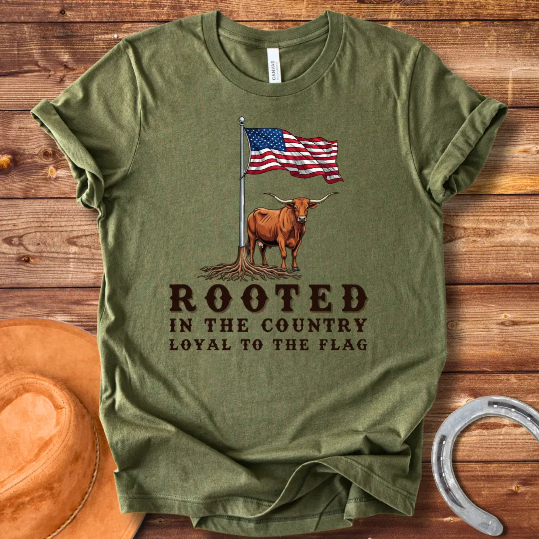 Rooted in the Country T-Shirt featuring a longhorn with roots and the American flag, representing country pride.