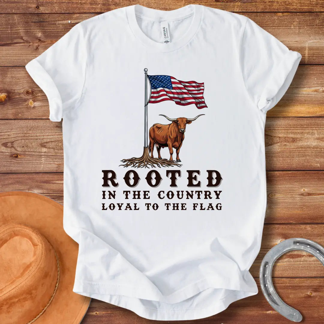 Rooted in the Country T-Shirt featuring a longhorn with roots and the American flag, representing country pride.