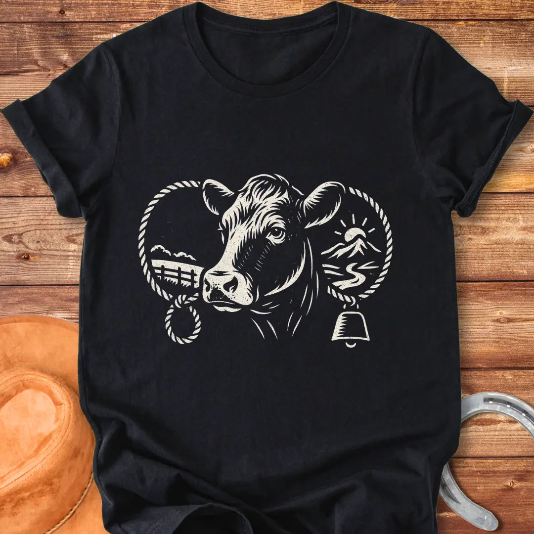 Black and white sketch of a cow head with farm elements, a rope ring and a bell, representing a serene farm life.