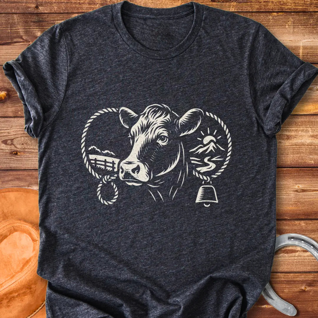 Black and white sketch of a cow head with farm elements, a rope ring and a bell, representing a serene farm life.