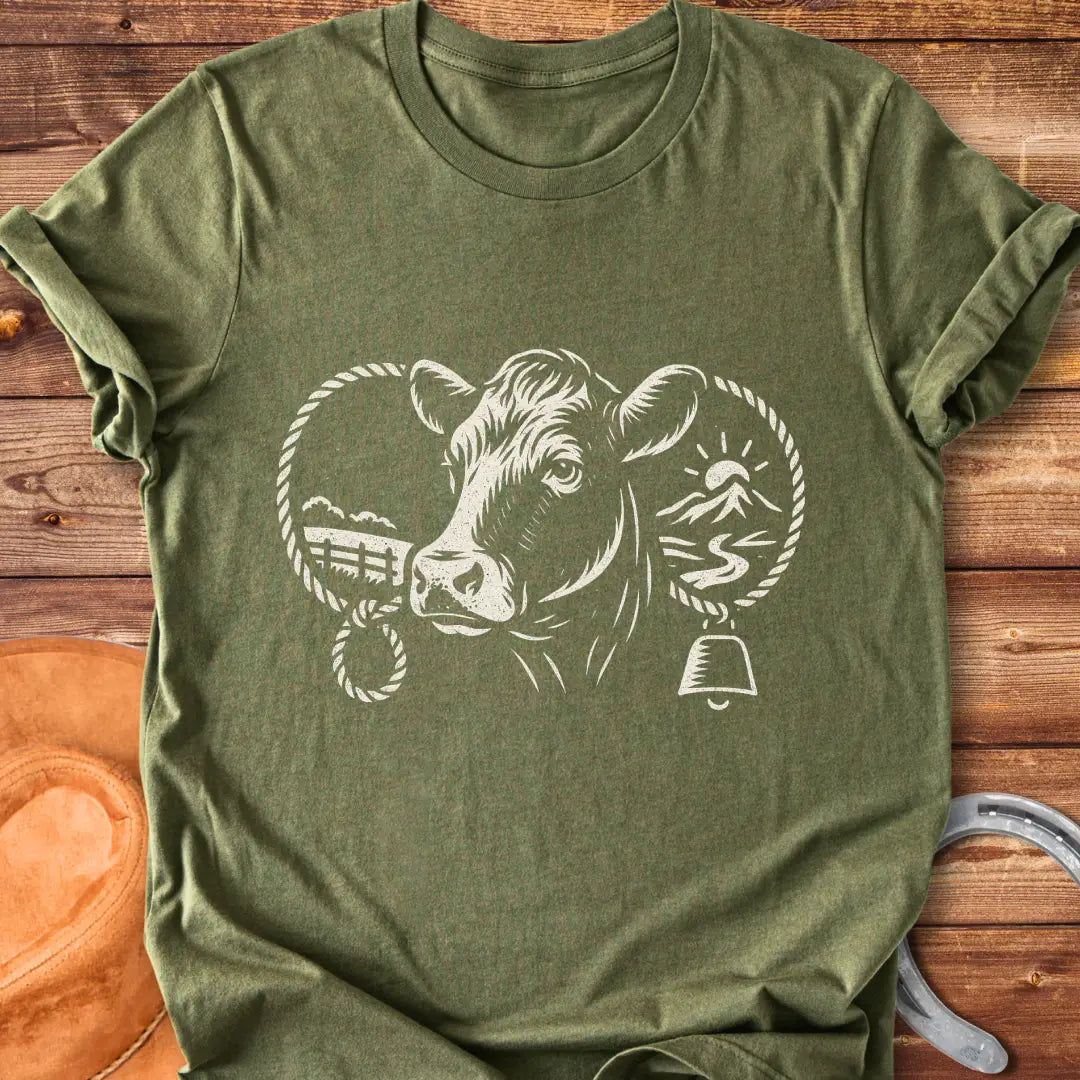 Black and white sketch of a cow head with farm elements, a rope ring and a bell, representing a serene farm life.