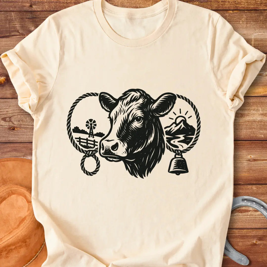 Black and white sketch of a cow head with farm elements, a rope ring and a bell, representing a serene farm life.