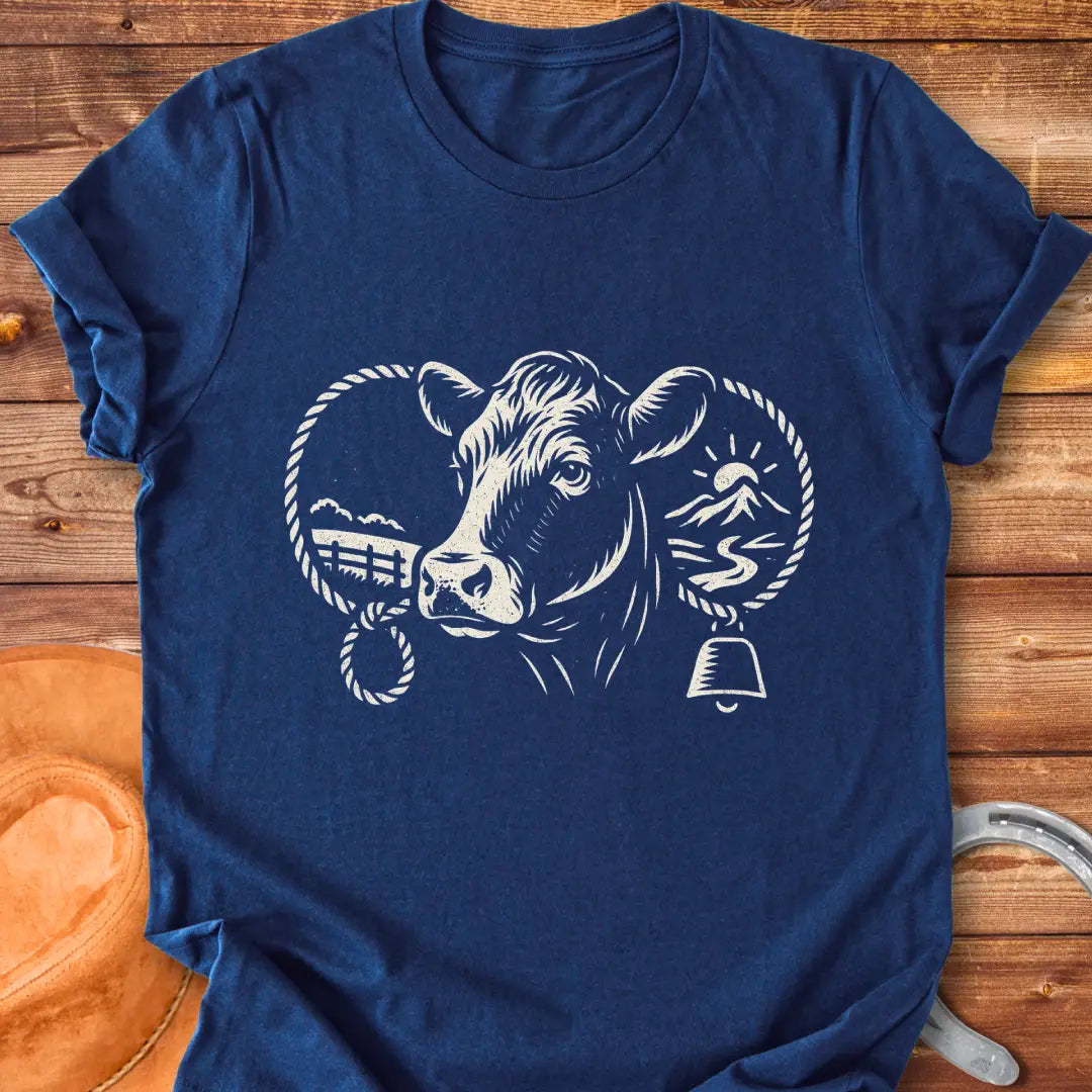 Black and white sketch of a cow head with farm elements, a rope ring and a bell, representing a serene farm life.