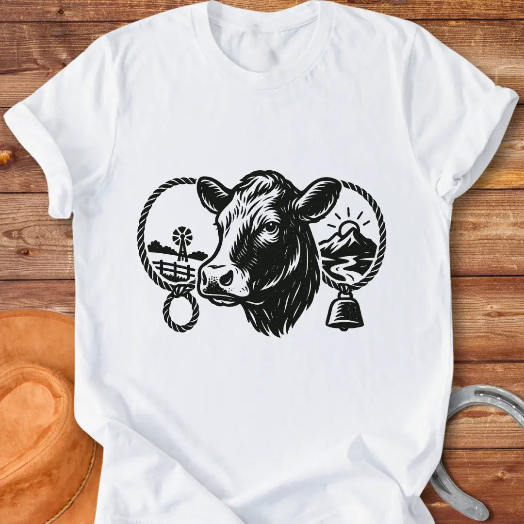 Black and white sketch of a cow head with farm elements, a rope ring and a bell, representing a serene farm life.