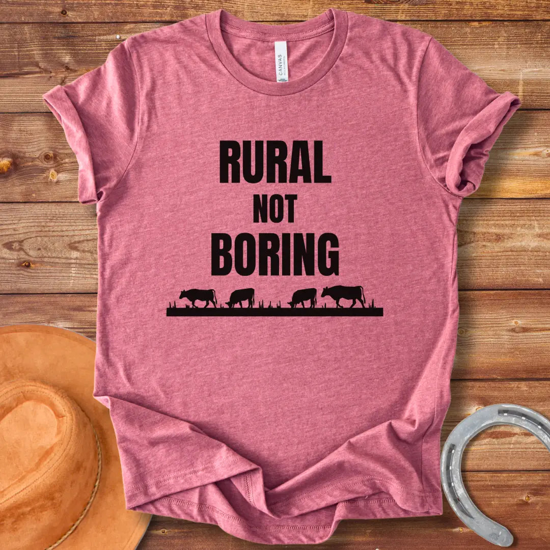 Black t-shirt with the text 'Rural Not Boring' printed in white, suitable for cow lovers and country fans.