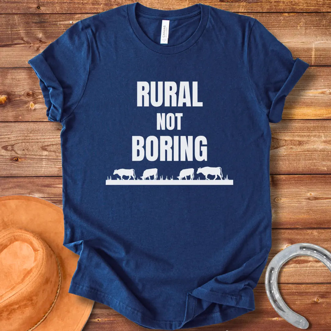 Black t-shirt with the text 'Rural Not Boring' printed in white, suitable for cow lovers and country fans.