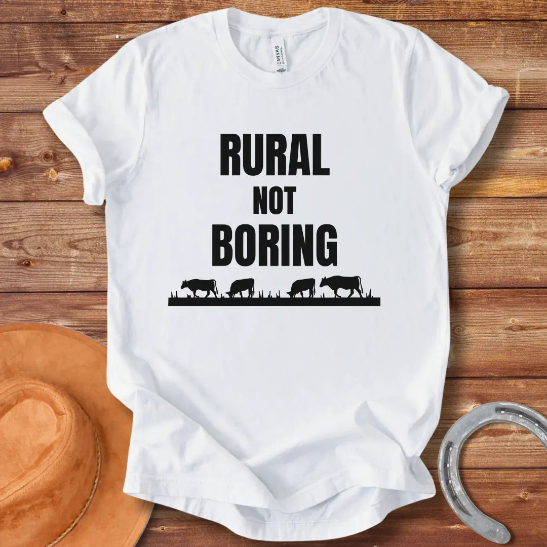 Black t-shirt with the text 'Rural Not Boring' printed in white, suitable for cow lovers and country fans.