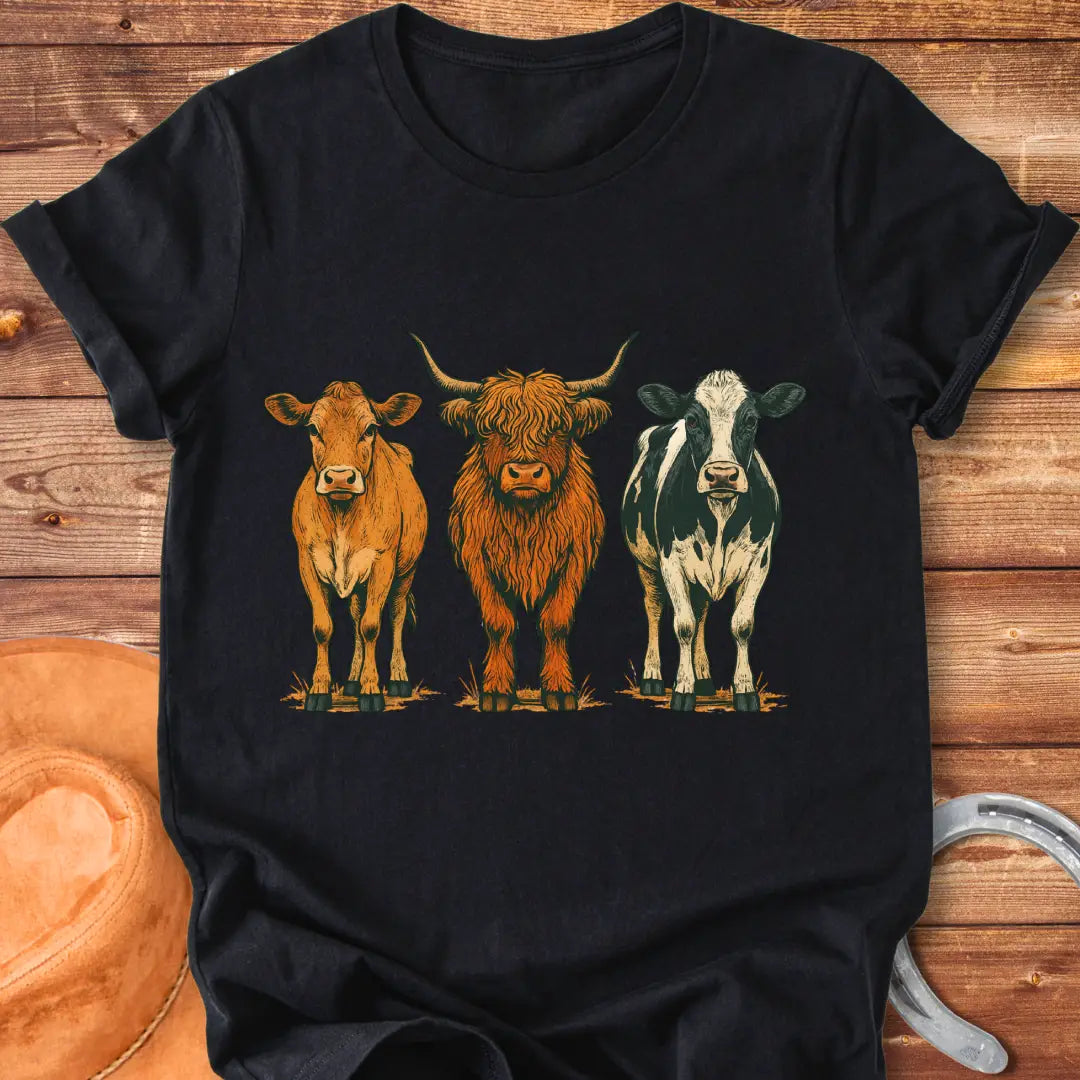 Rustic art t-shirt featuring three different cow breeds: a brown cow, a Highland cow, and a black and white cow.