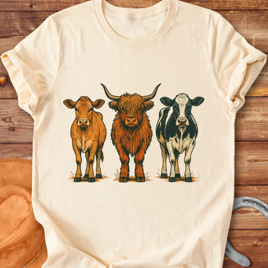 Rustic art t-shirt featuring three different cow breeds: a brown cow, a Highland cow, and a black and white cow.