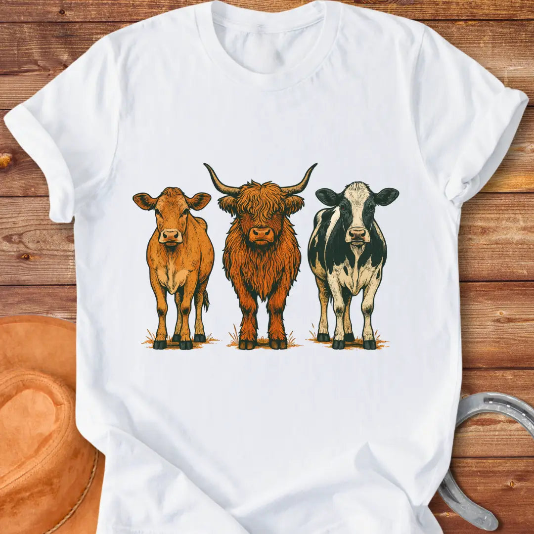 Rustic art t-shirt featuring three different cow breeds: a brown cow, a Highland cow, and a black and white cow.