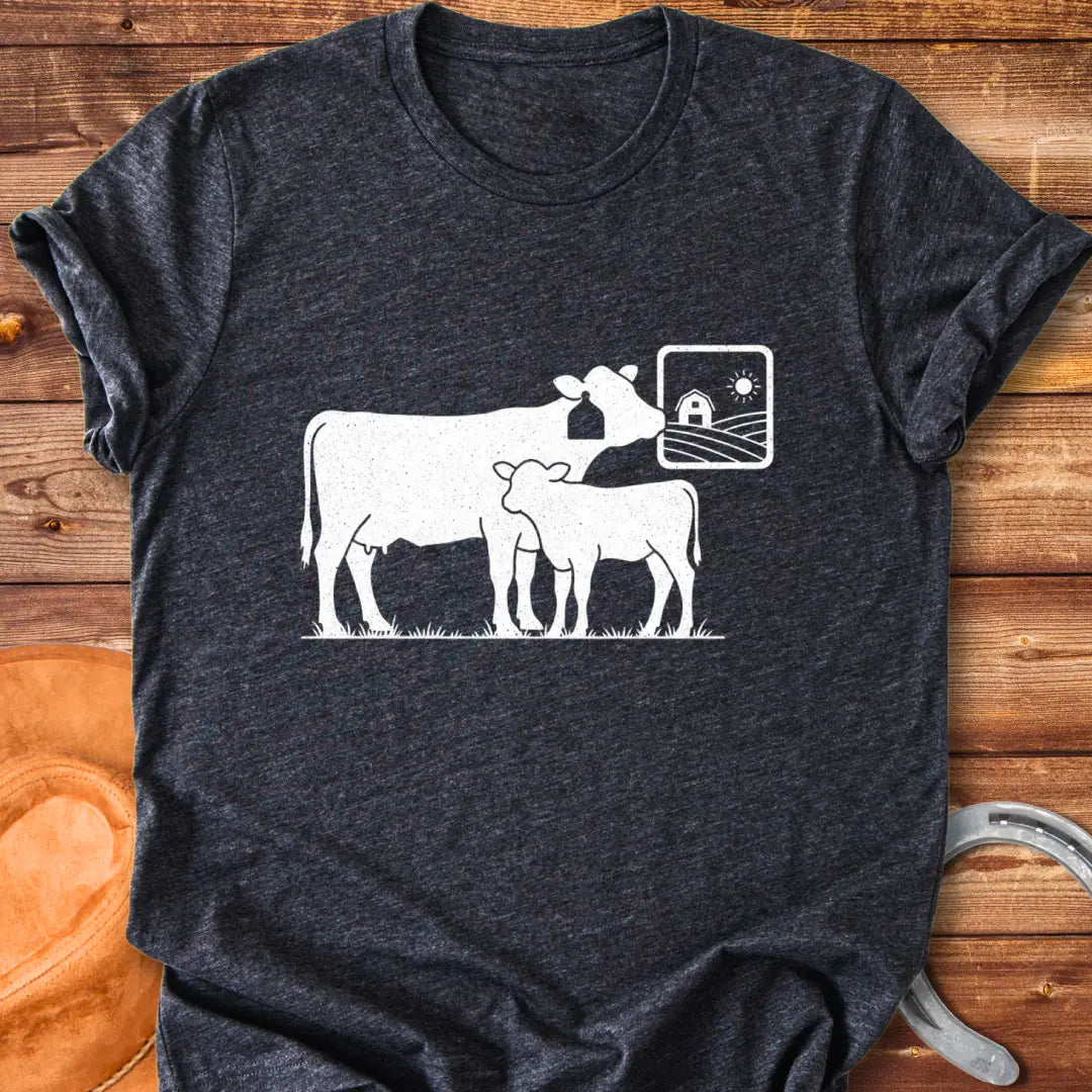Rustic illustration of a mama cow with her calf, featuring a farm scene in the background.