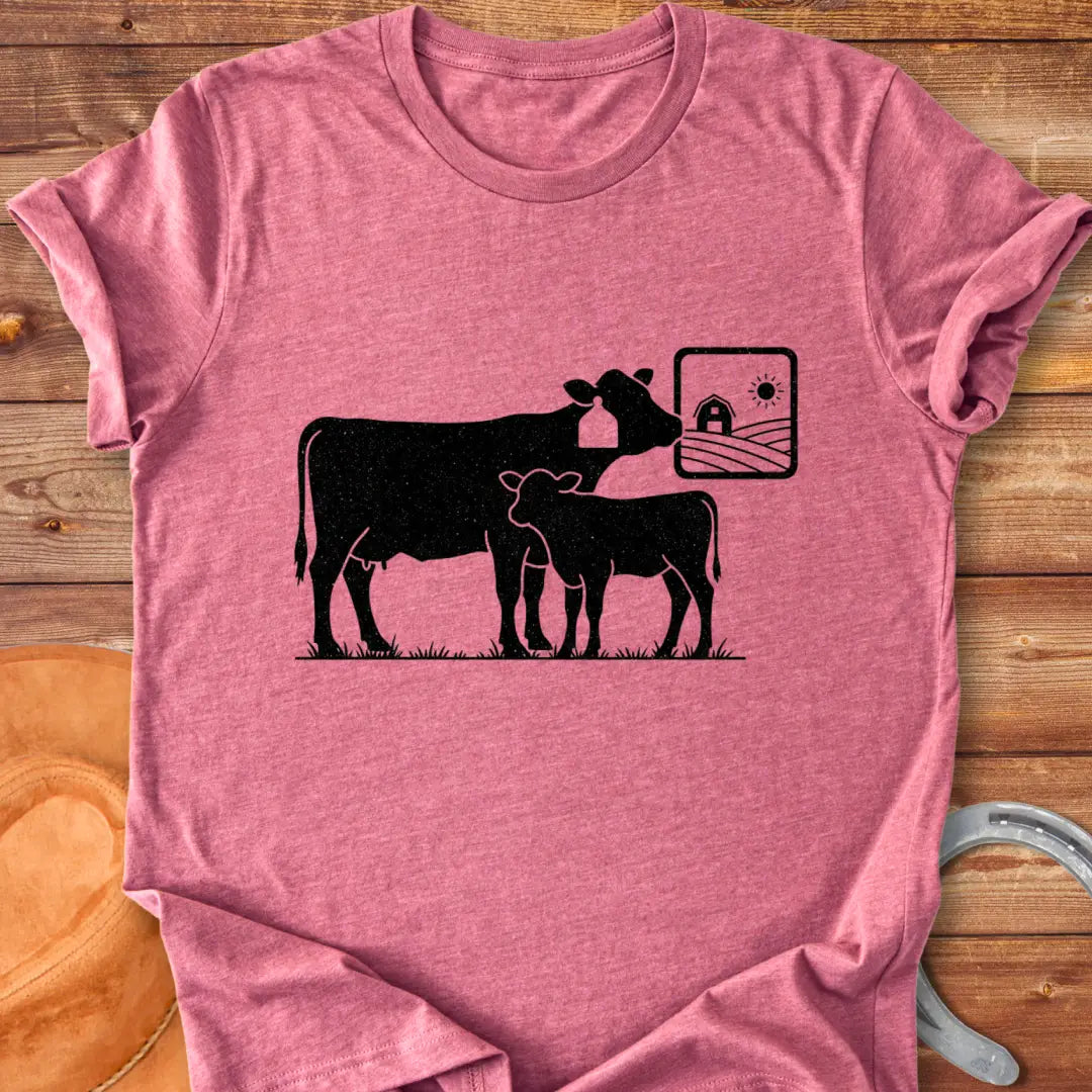 Rustic illustration of a mama cow with her calf, featuring a farm scene in the background.