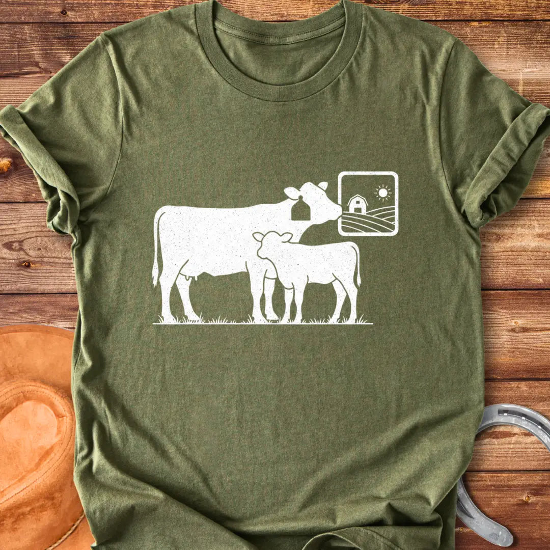 Rustic illustration of a mama cow with her calf, featuring a farm scene in the background.