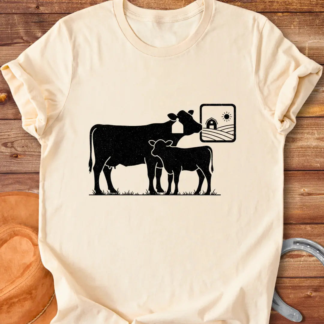 Rustic illustration of a mama cow with her calf, featuring a farm scene in the background.