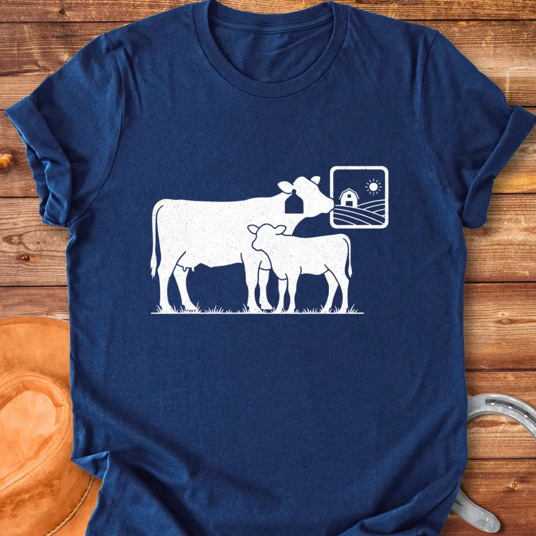 Rustic illustration of a mama cow with her calf, featuring a farm scene in the background.