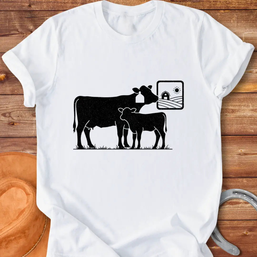 Rustic illustration of a mama cow with her calf, featuring a farm scene in the background.