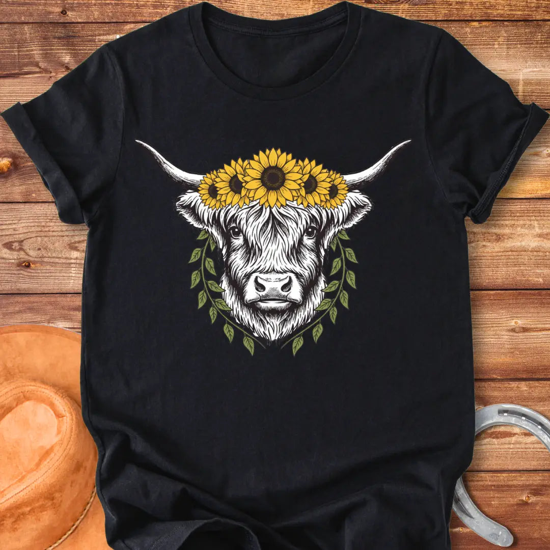 Rustic illustration of a Highland cow wearing a sunflower crown and leafy wreath, perfect for cow lovers.