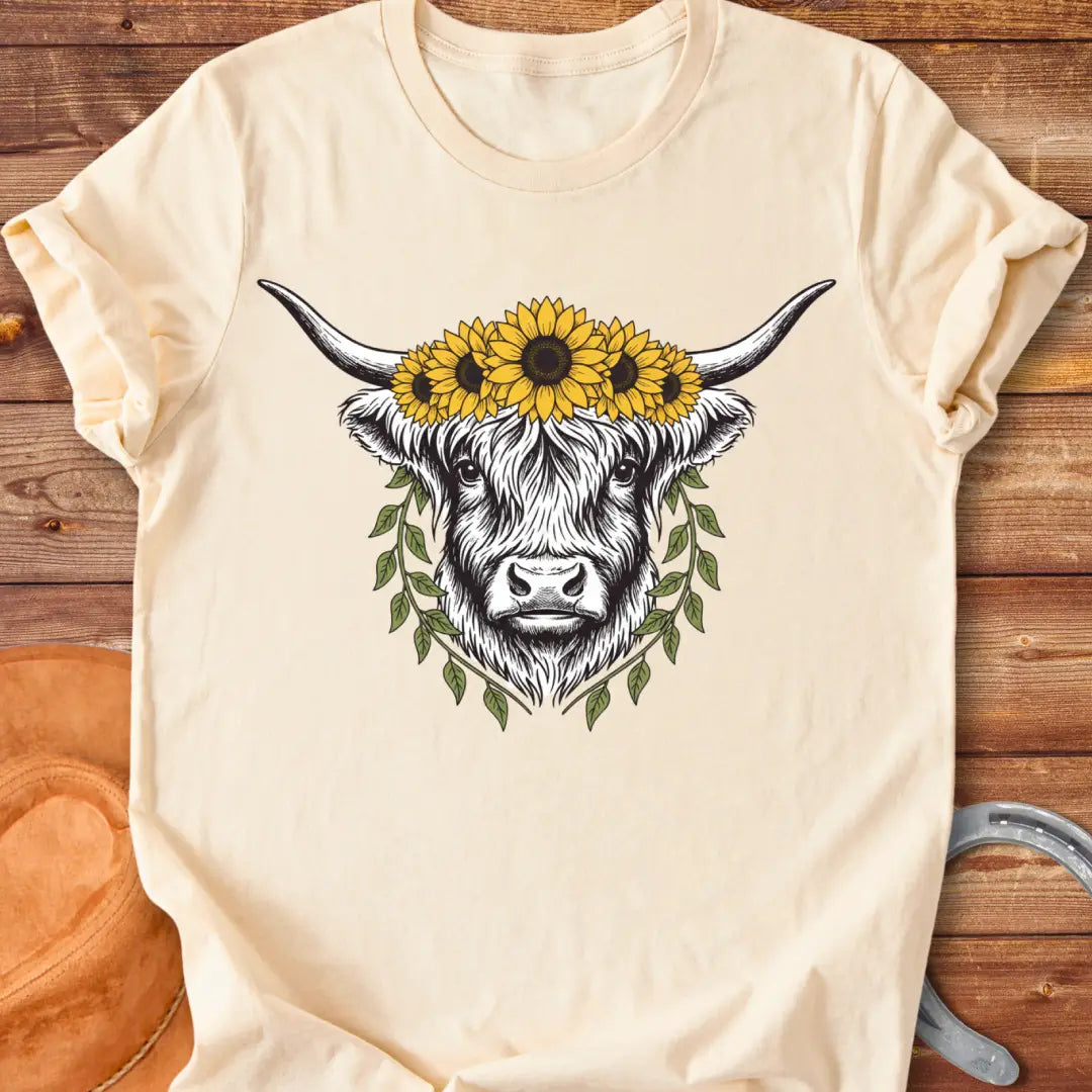 Rustic illustration of a Highland cow wearing a sunflower crown and leafy wreath, perfect for cow lovers.